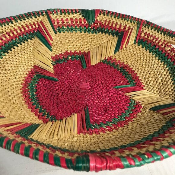 Handwoven Basket Woven Grass Red Green Beige Natural Dye Loop Handles 12" - Picture 2 of 7